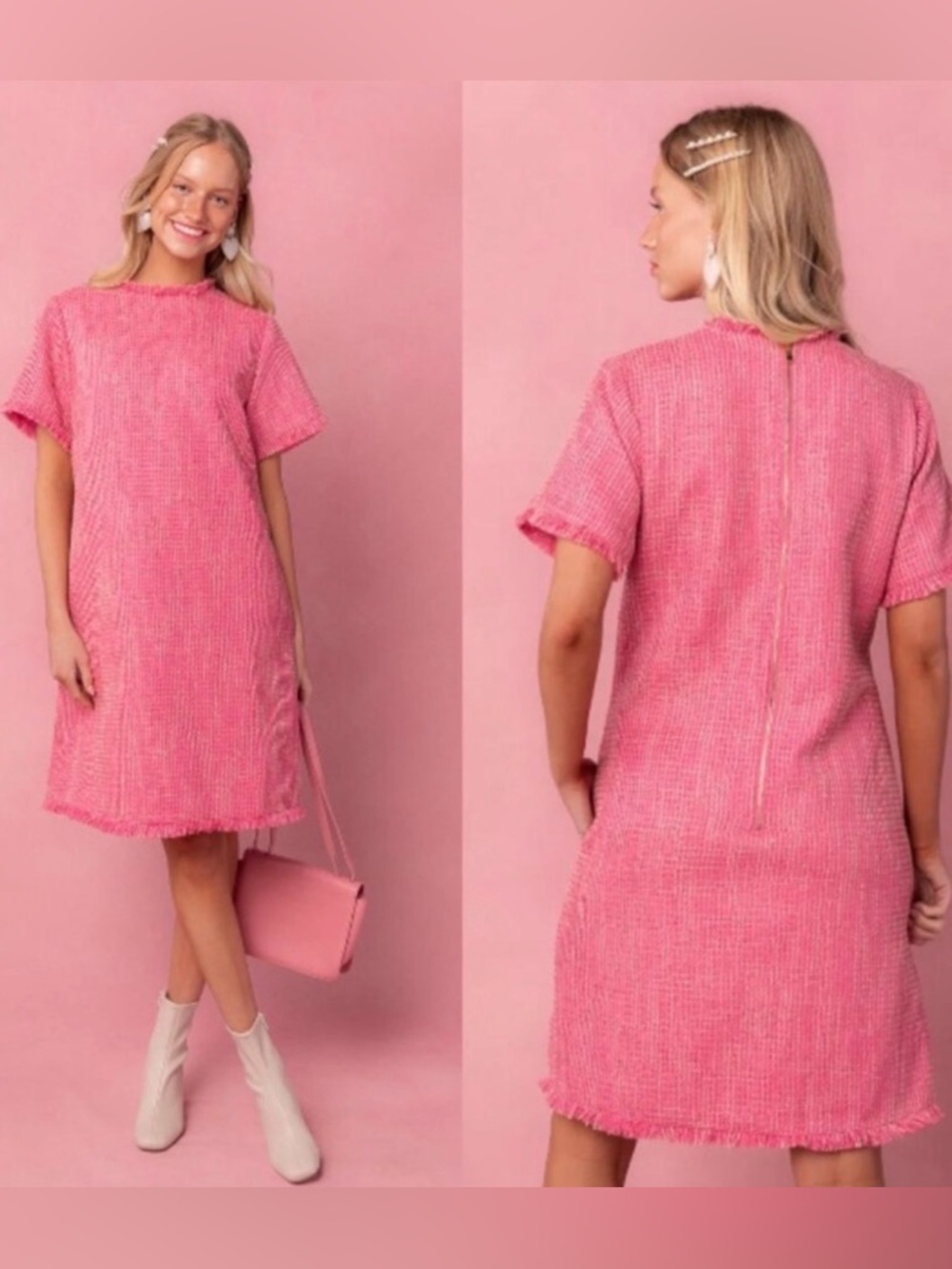 Ivy City Co Pink Reese Tweed Shift Dress XS Fringe Raw Hem Short Sleeve Mini